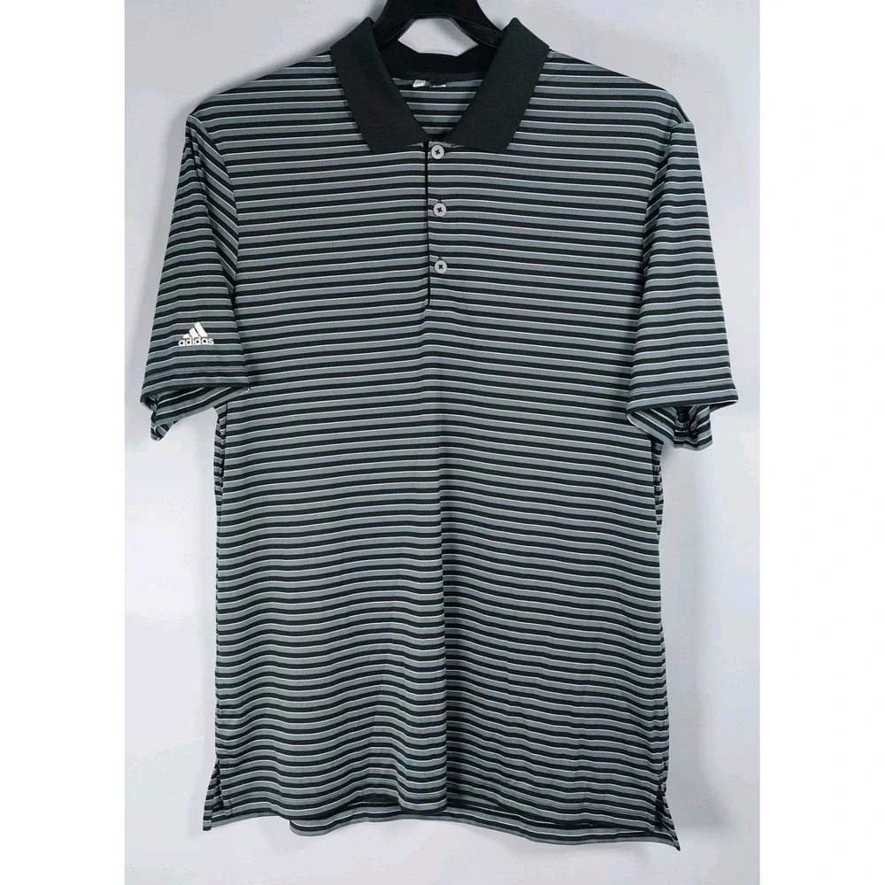 Adidas Polo Shirt Mens‎ Large Gray Black Horizontal Striped Short Sleeve Golf
